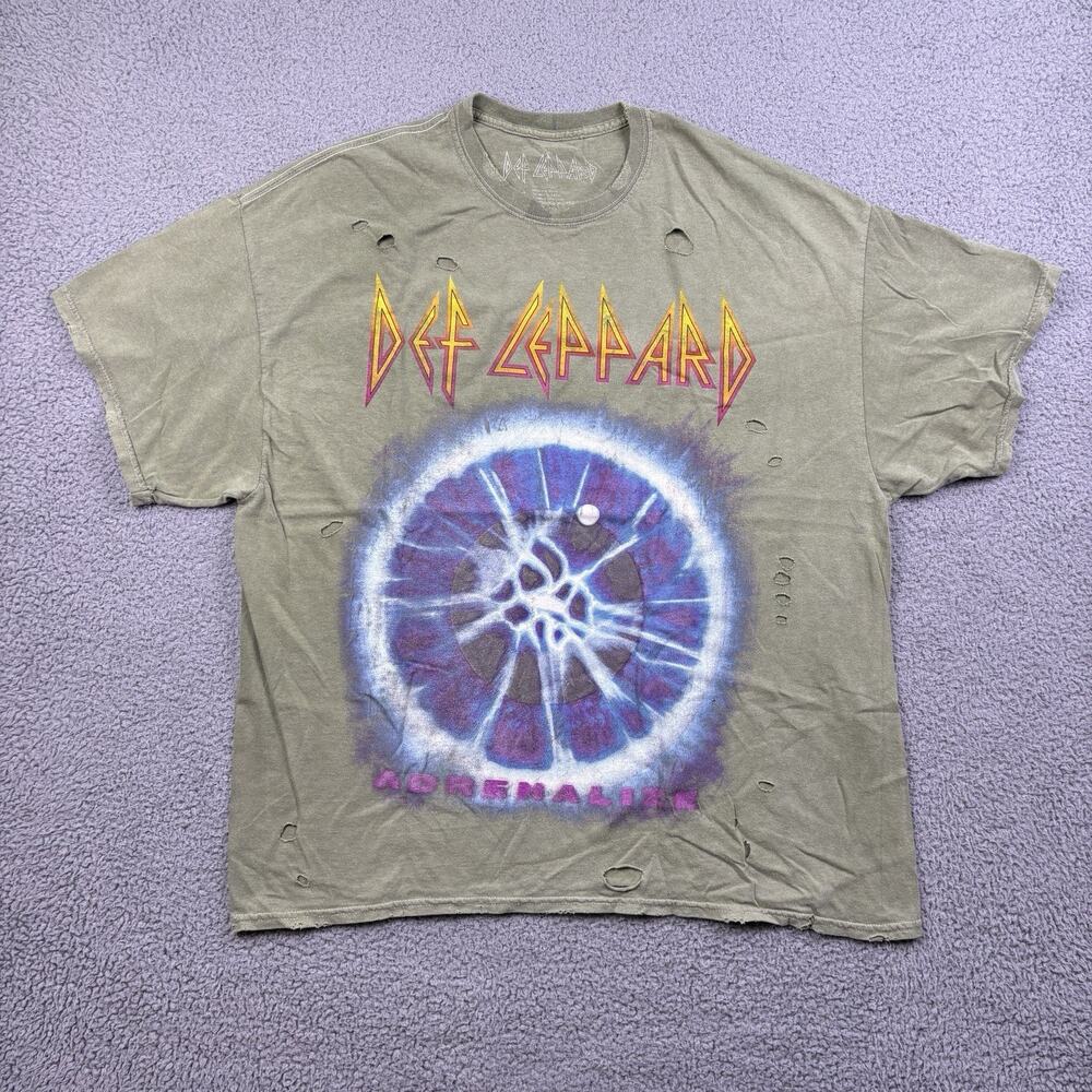Def Leppard Shirt Mens S/M Green Distressed Band Tee Short Sleeve Grunge Graphic